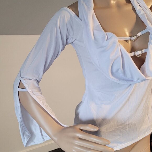 Sexy Women White Blouse Stretch Small Dressy With Rhinestone Heart Accent 25064 - Picture 3 of 6